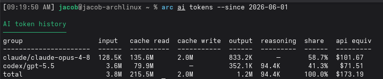 arc ai tokens output showing historical token usage and estimated costs
