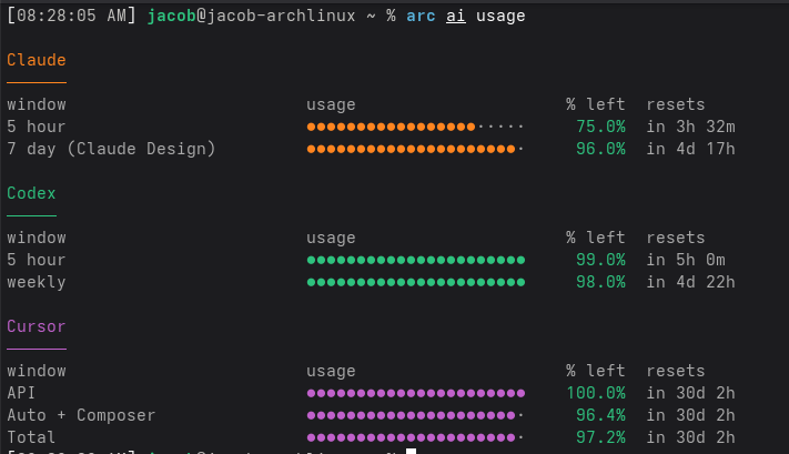 arc ai usage output showing remaining quota across Claude, Codex, and Cursor