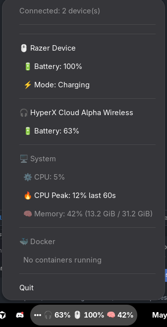 goarctis tray menu showing Razer and HyperX battery levels, CPU and memory stats, and Docker status